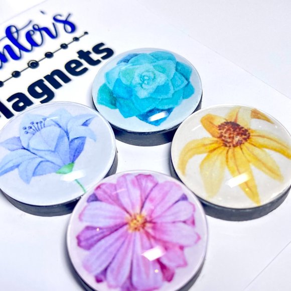 Set of 4 Magnets - Watercolor Florals Glass Refrigerator Kitchen Whiteboard - Picture 2 of 3